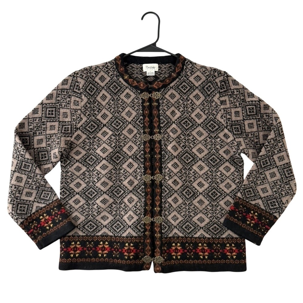 Vintage Fairisle Cardigan Women L‎ Wool Scandinavian Folk Floral Metal Clasps